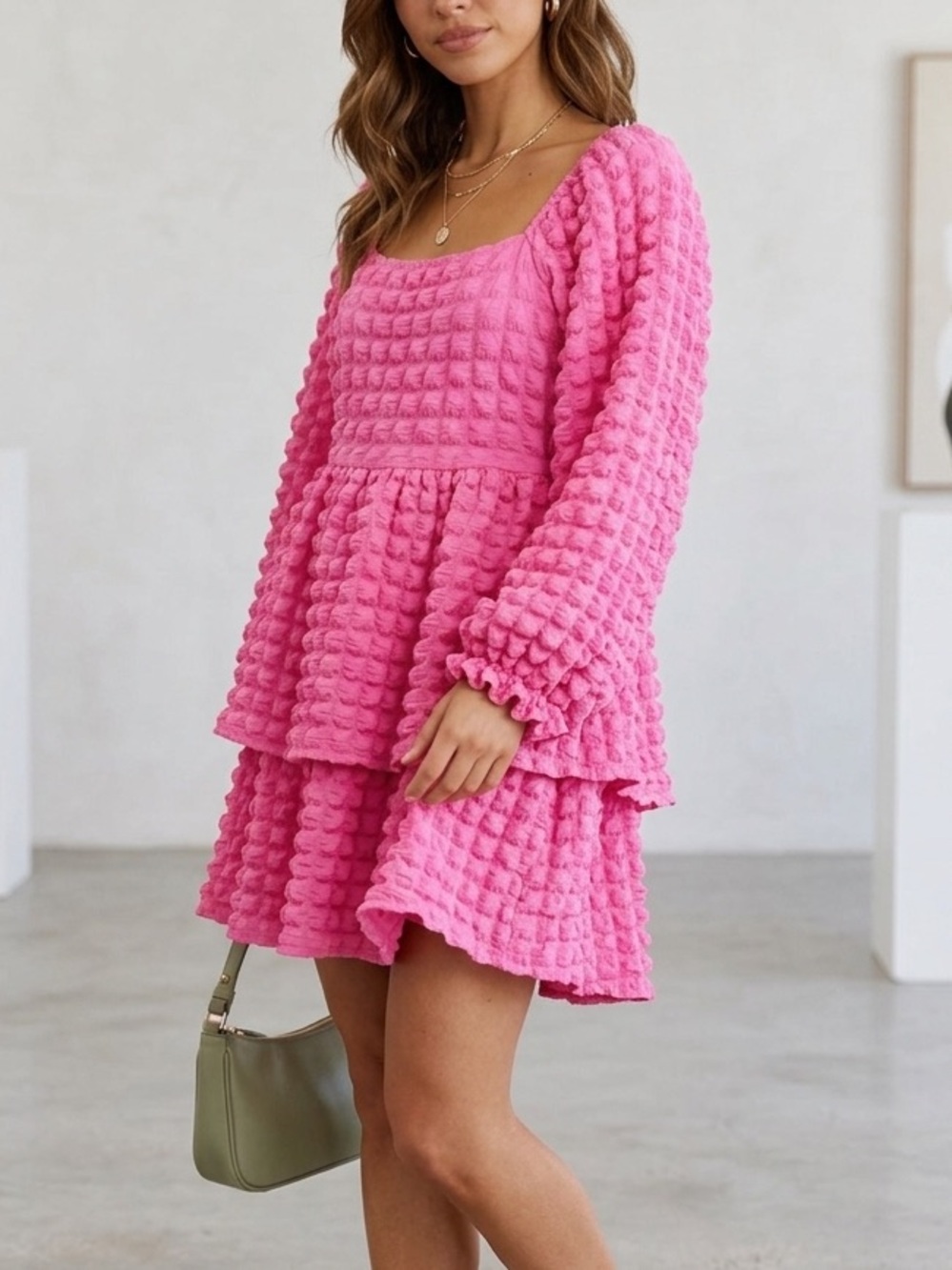 Long Sleeve Pink Bubble Knit Tiered Mini Dress - Size L
